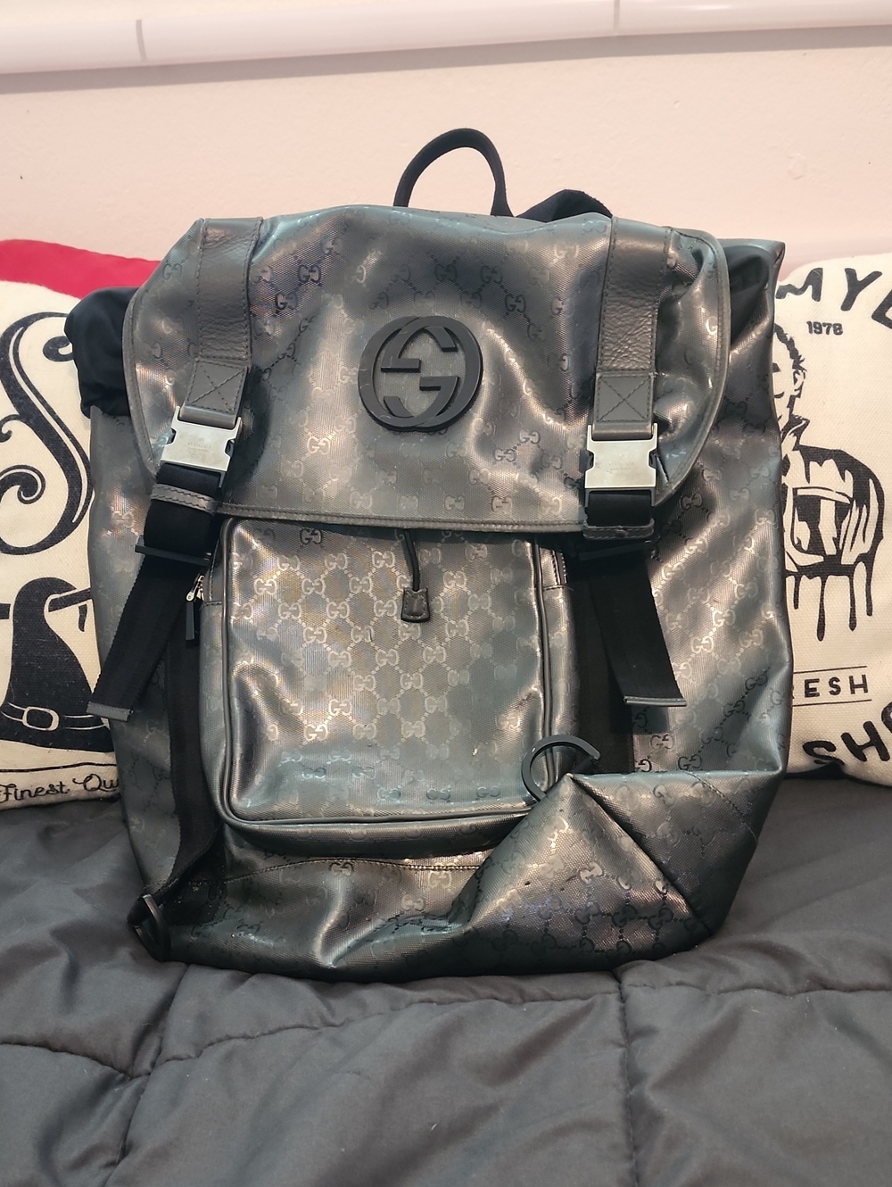 Authentic Gucci Imprime Supreme Large Men's Metallic Black GG  Backpack